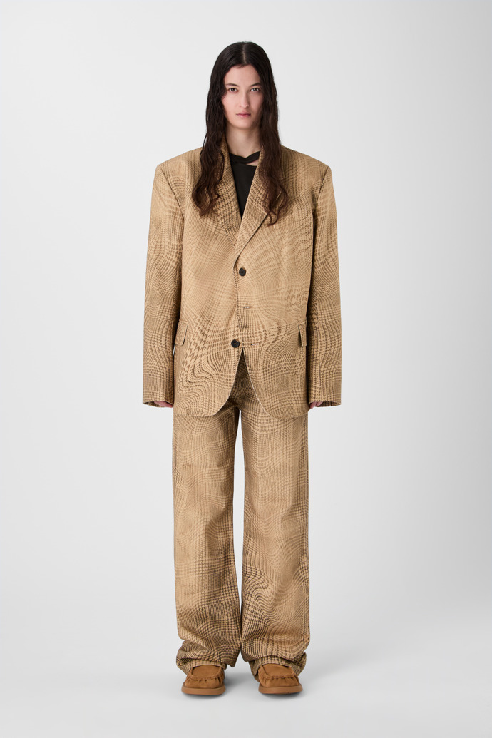 DISTORTED TARTAN PRINT DENIM BLAZER BROWN