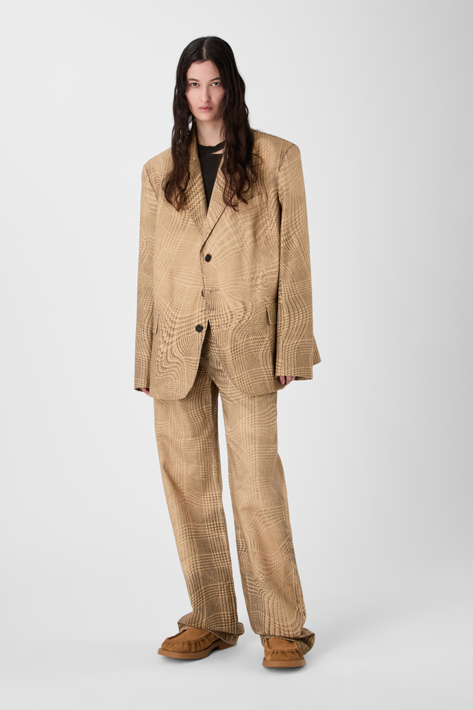 DISTORTED TARTAN PRINT DENIM BLAZER BROWN