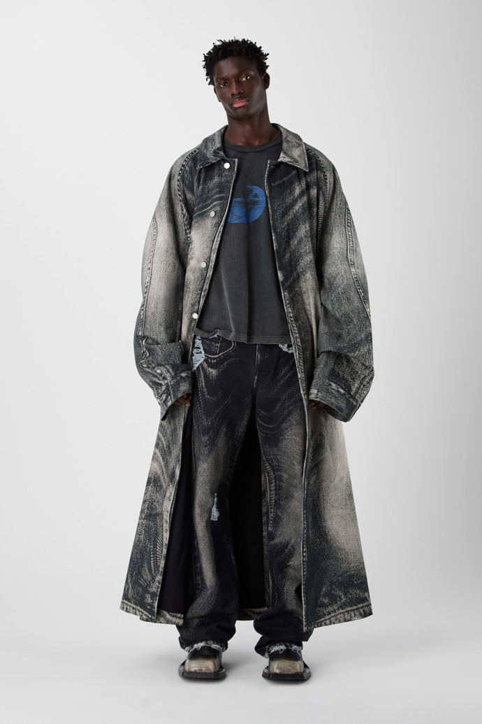 DISTORTED PRINT DENIM CAR COAT NEGRO-Gris