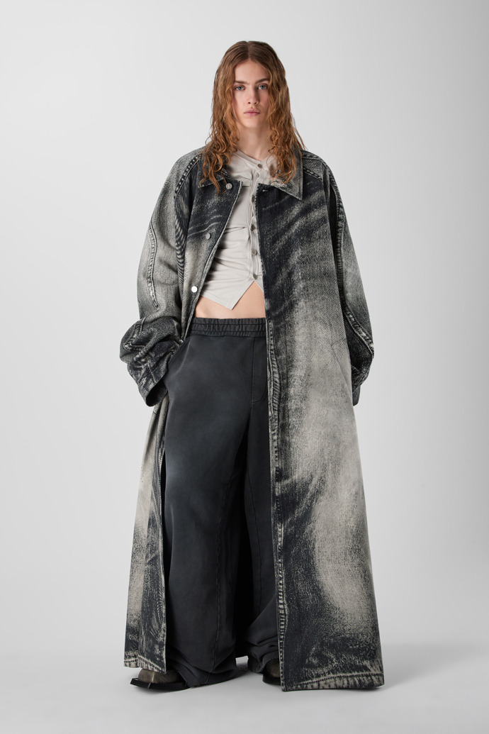 DISTORTED PRINT DENIM CAR COAT BLACK-Gray