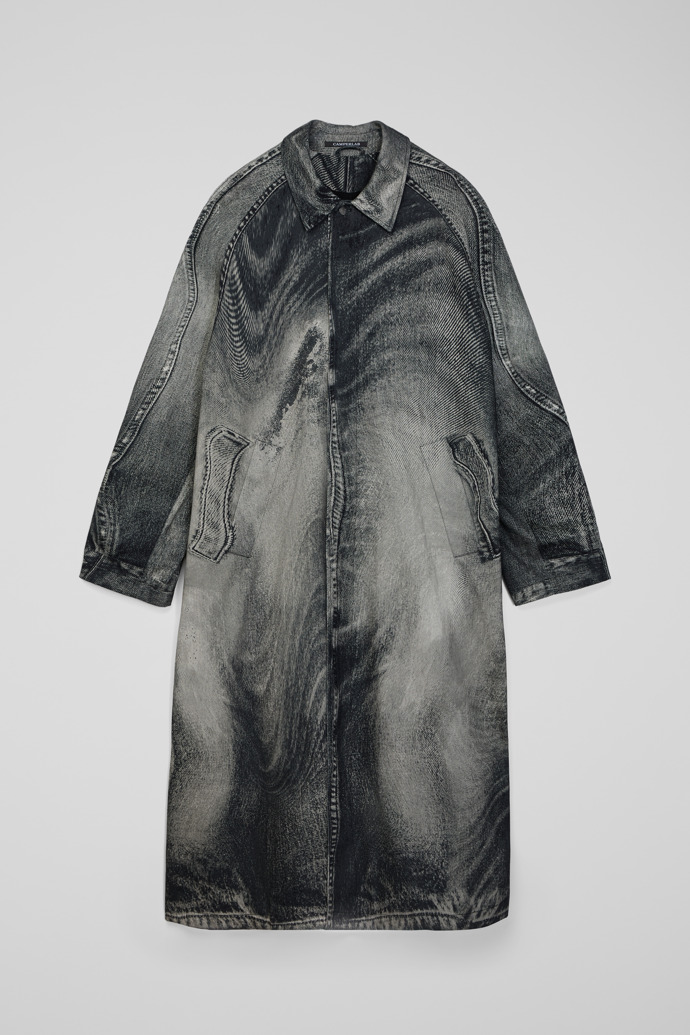 Side view of DISTORTED PRINT DENIM CAR COAT BLACK-Gray