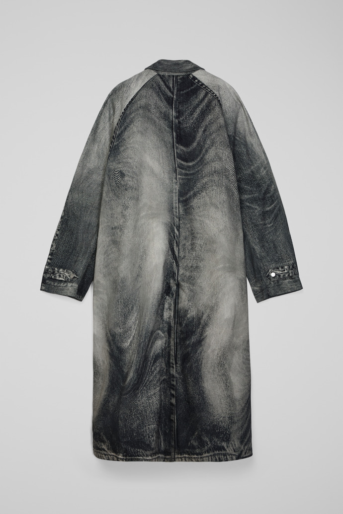 Back view of DISTORTED PRINT DENIM CAR COAT BLACK-Gray