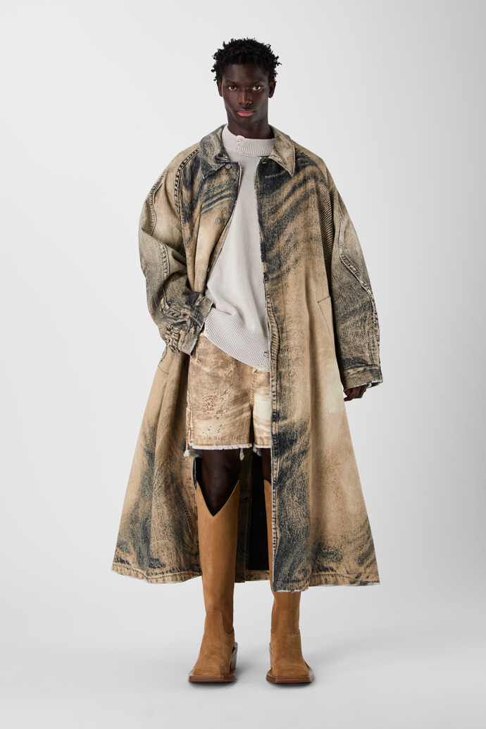 DISTORTED PRINT DENIM CAR COAT BEIGE-BROWN