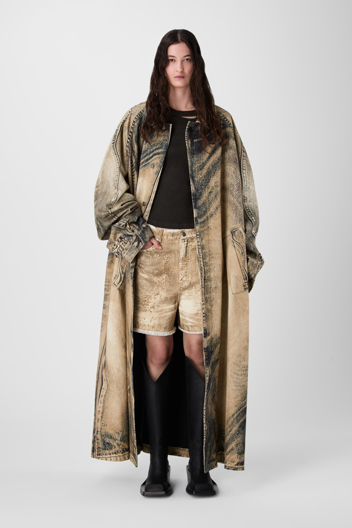 DISTORTED PRINT DENIM CAR COAT BEIGE-BROWN