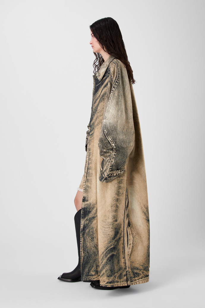 DISTORTED PRINT DENIM CAR COAT BEIGE-BROWN