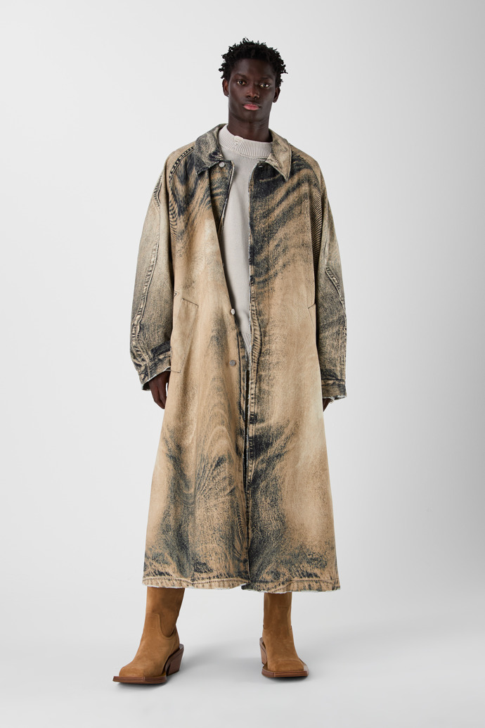 DISTORTED PRINT DENIM CAR COAT BEIGE-BROWN
