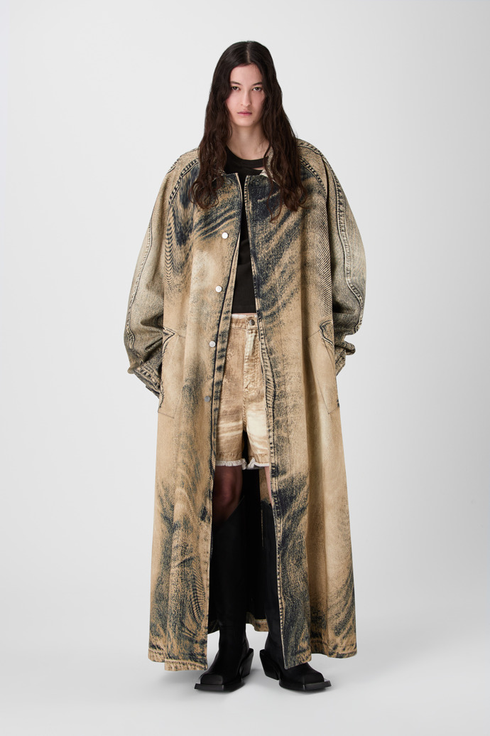 DISTORTED PRINT DENIM CAR COAT BEIGE-BROWN