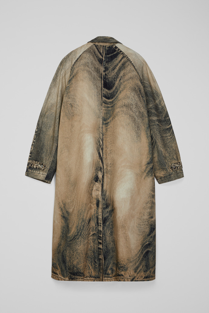 Back view of DISTORTED PRINT DENIM CAR COAT BEIGE-BROWN