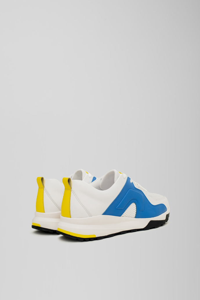 Back view of Caddie White and blue golf sneakers