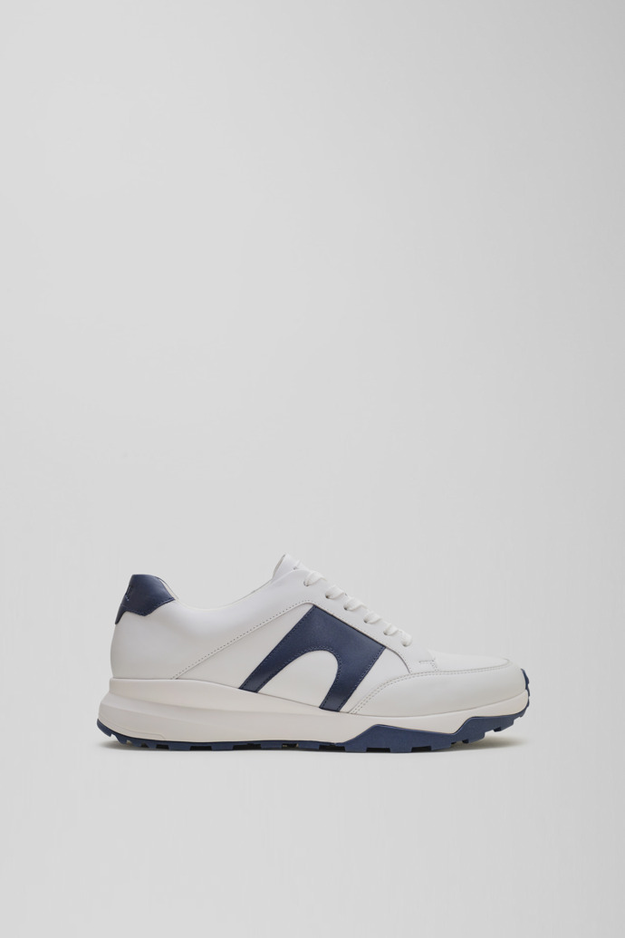 Image of Side view of Spackler White and navy leather golf sneakers