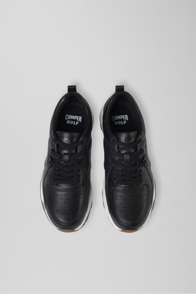 Overhead view of Caddie Black  leather golf sneakers