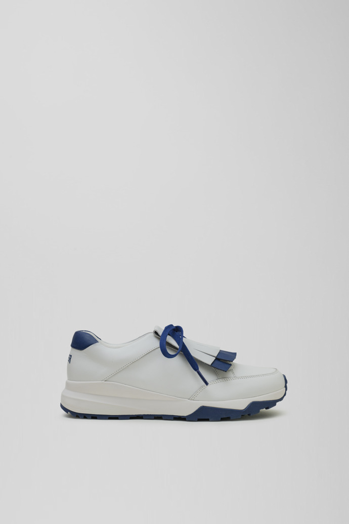 Side view of Spackler White and navy leather golf sneakers