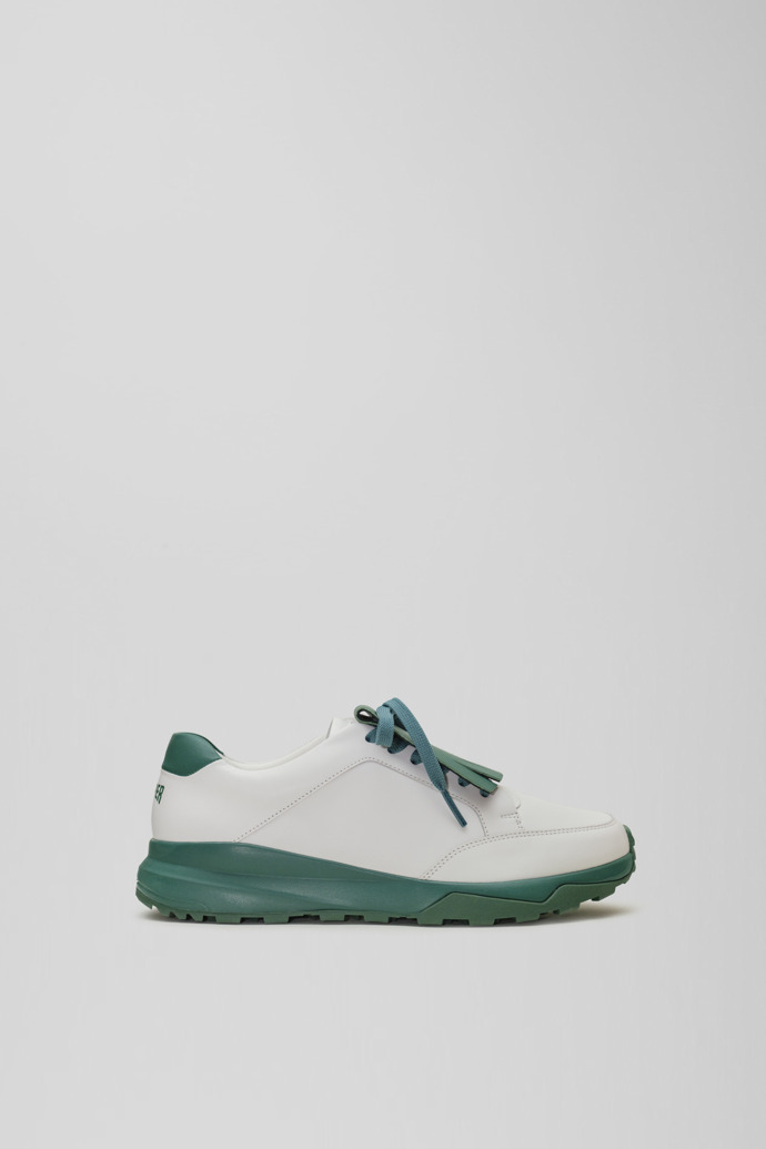 Side view of Spackler White and green leather golf sneakers