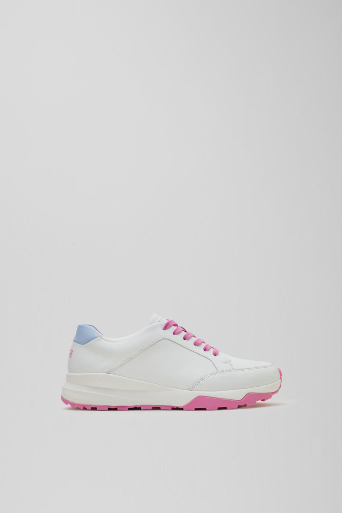 Side view of Spackler White and pink leather golf sneakers