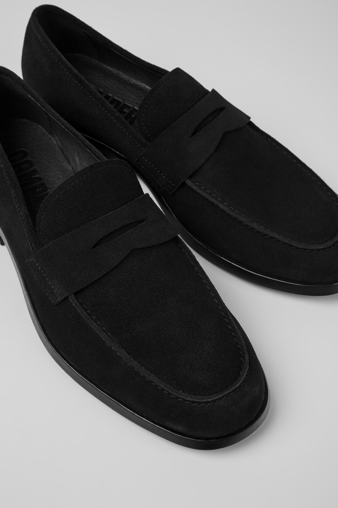 Close-up view of Truman Black nubuck moccasins for men