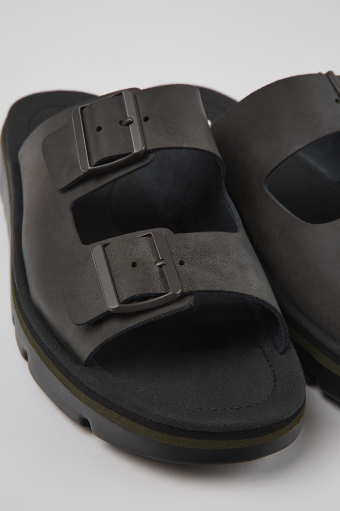 Close-up view of Oruga Brown Leather Slide for Men