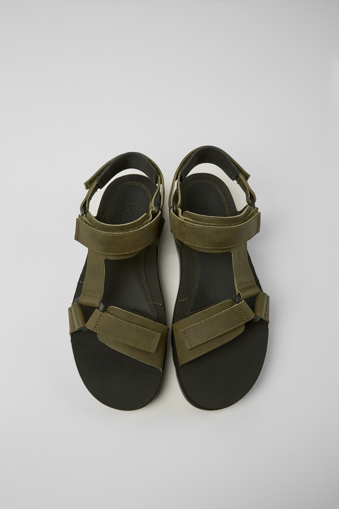 Overhead view of Oruga Green leather sandals for men