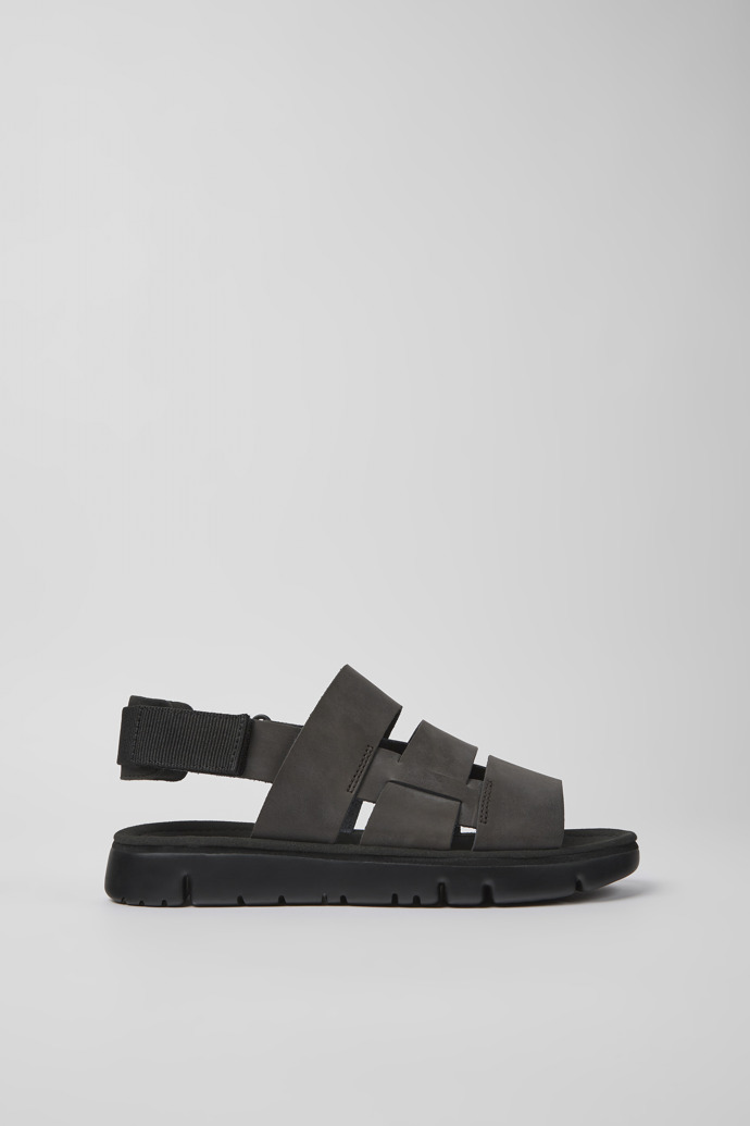 Side view of Oruga Brown leather and textile sandals for men