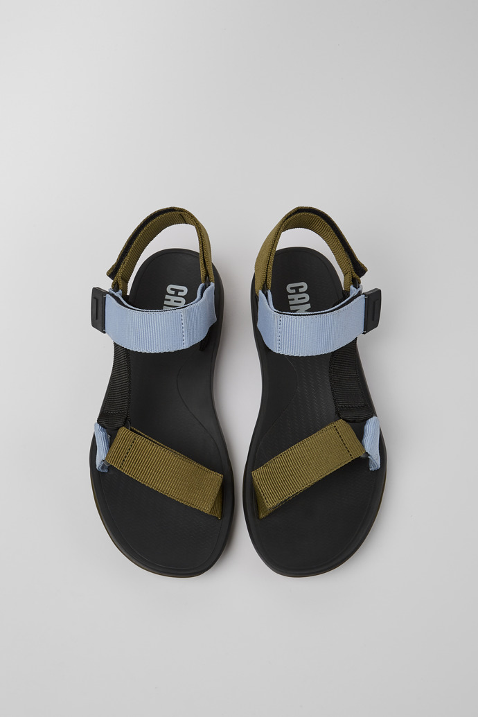 Overhead view of Match Green, blue and black recycled PET sandals for men