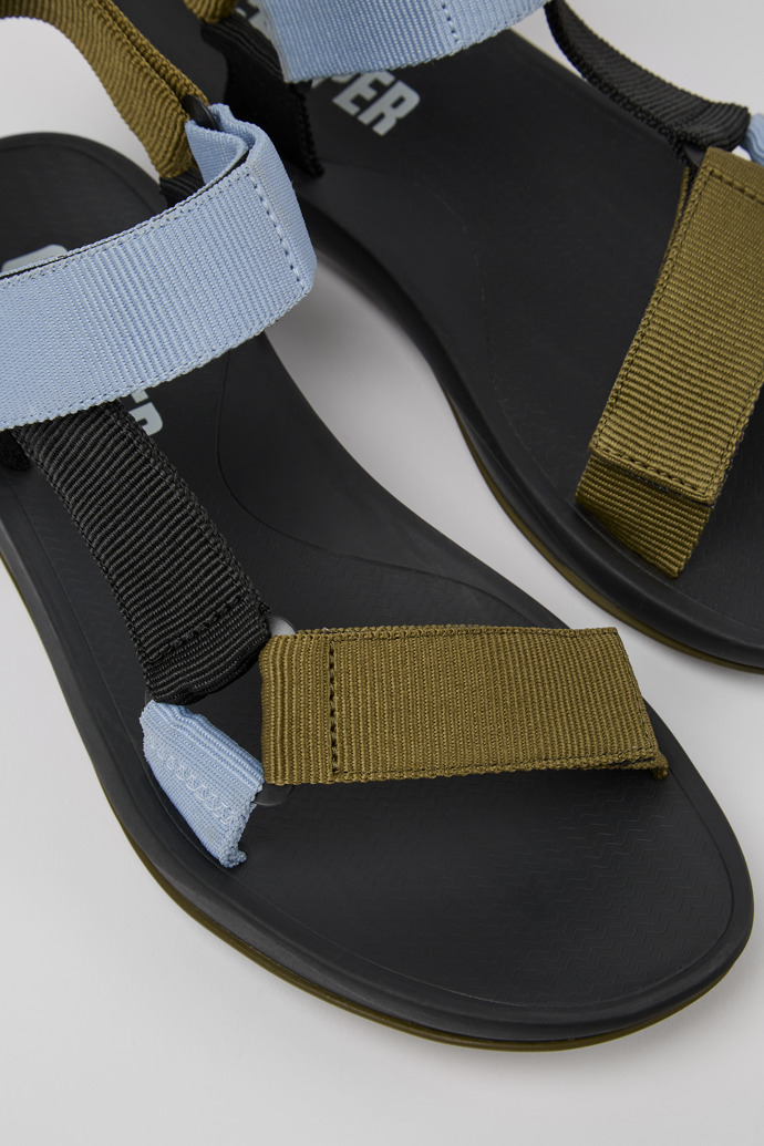 Close-up view of Match Green, blue and black recycled PET sandals for men