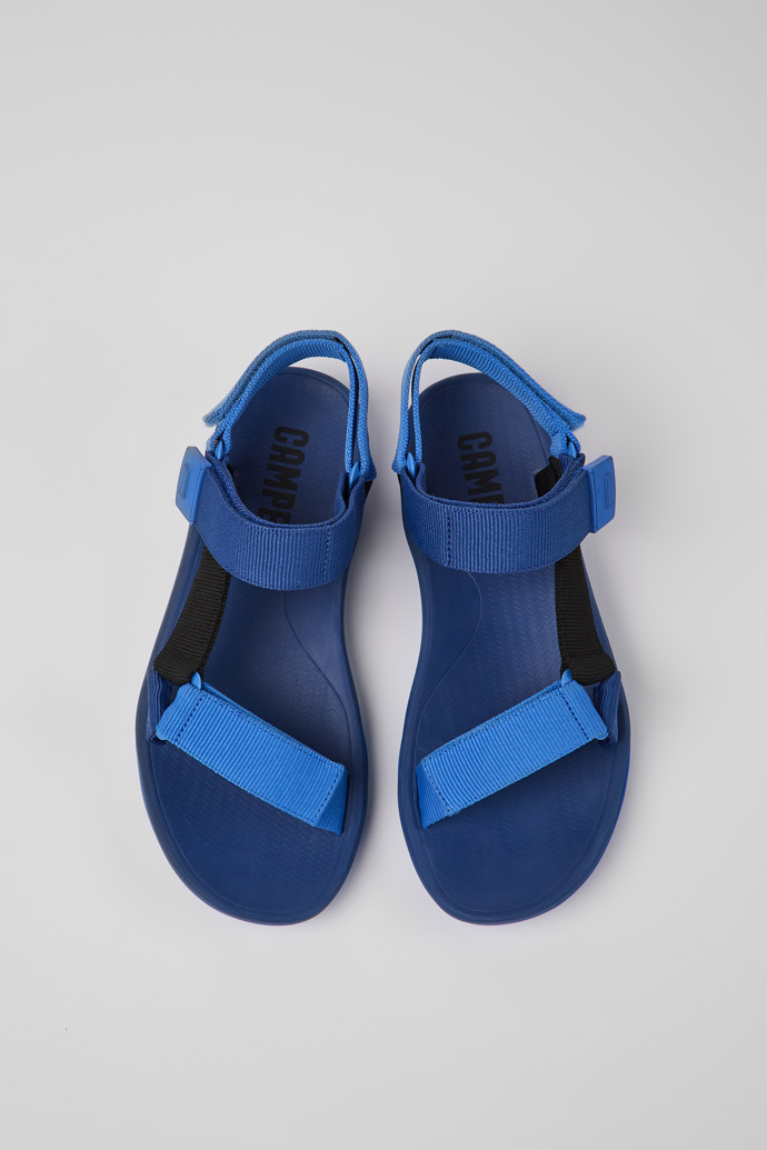 Overhead view of Match Blue and black recycled PET sandals for men