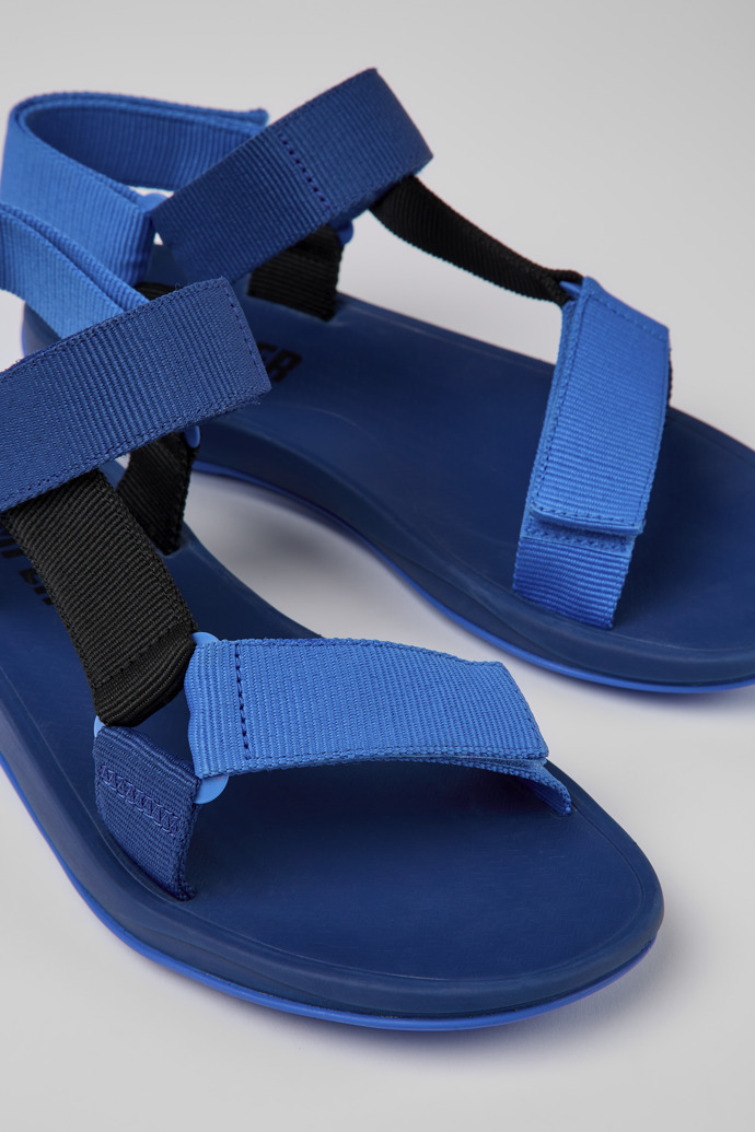 Close-up view of Match Blue and black recycled PET sandals for men