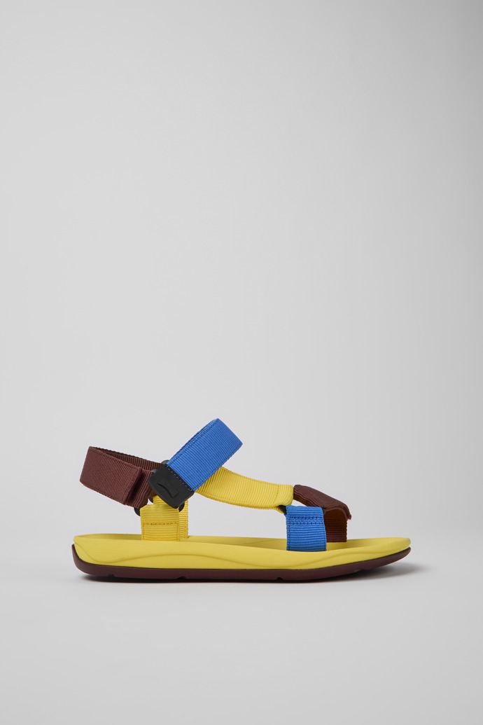 Side view of Match Yellow, blue, and burgundy sandals for men