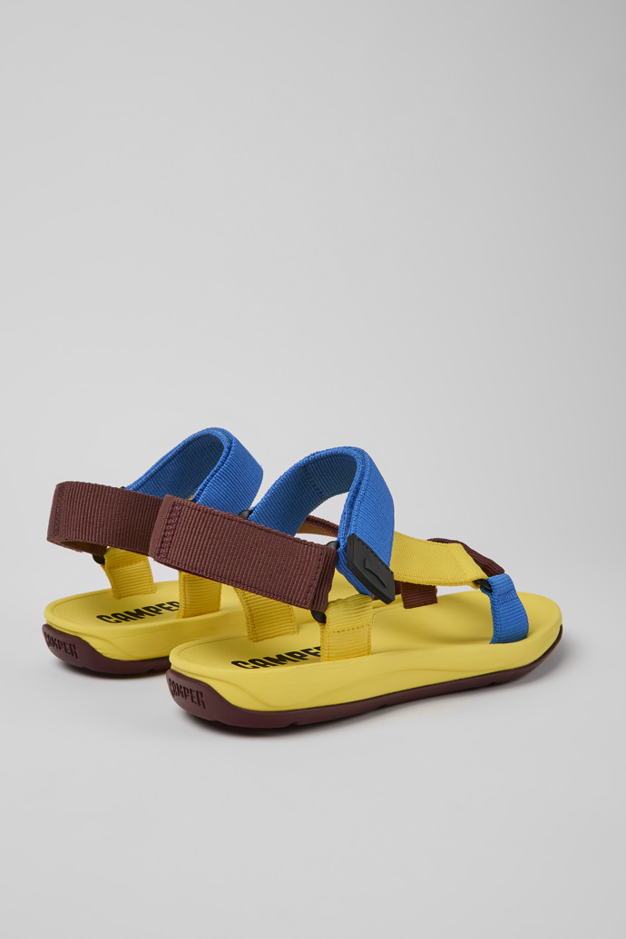 Back view of Match Yellow, blue, and burgundy sandals for men