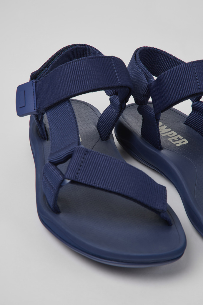 Close-up view of Match Blue textile sandals for men