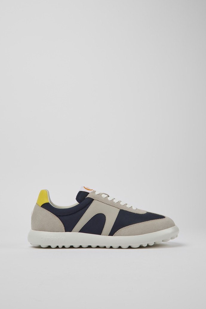 Side view of Pelotas XLite Blue, grey, and yellow sneakers for men