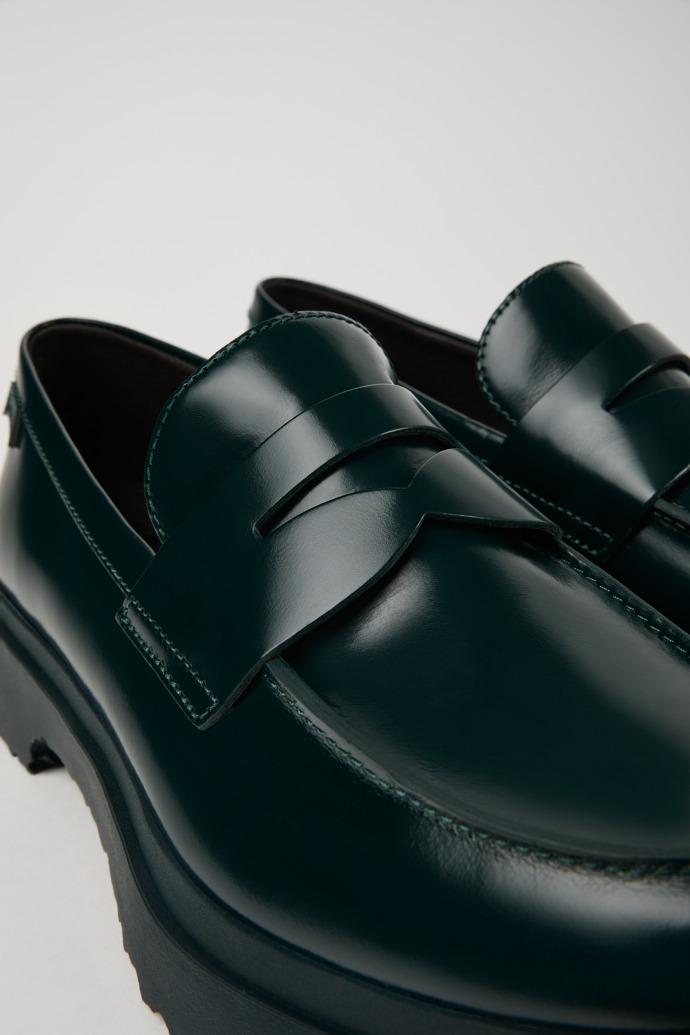 Close-up view of Walden Green leather loafers for men