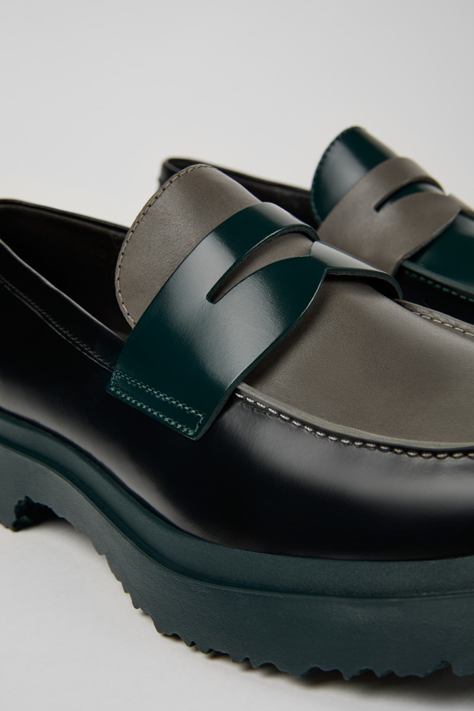 Close-up view of Twins Black and gray leather loafers for men