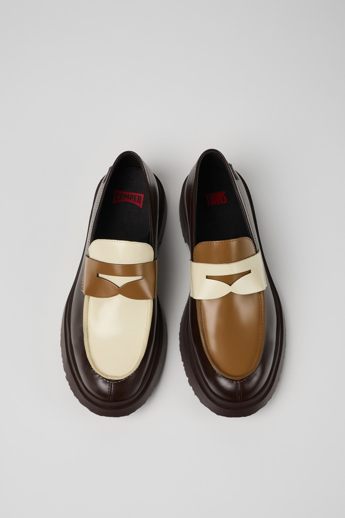 Image of Overhead view of Twins Brown and white leather loafers for men