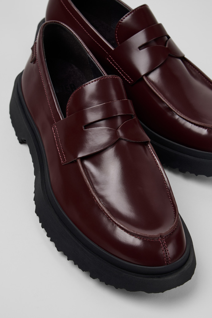 Close-up view of Walden Burgundy Leather Moccasins for Men.