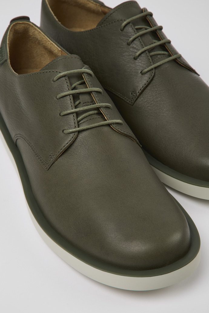 Close-up view of Wagon Green leather shoes for men