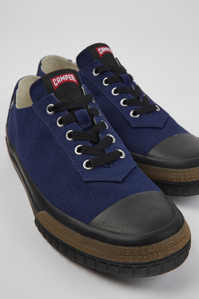 Close-up view of Camaleon Blue recycled cotton sneakers for men