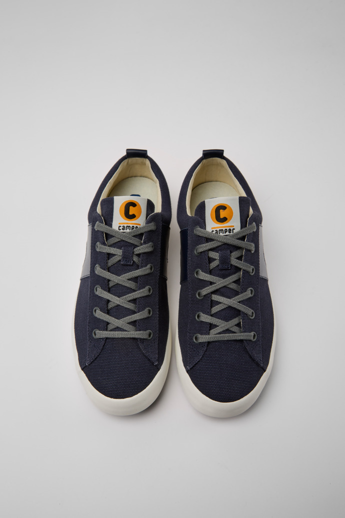 Overhead view of Imar Blue leather and recycled cotton sneakers for men