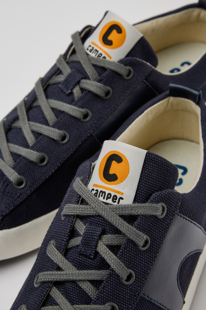 Close-up view of Imar Blue leather and recycled cotton sneakers for men