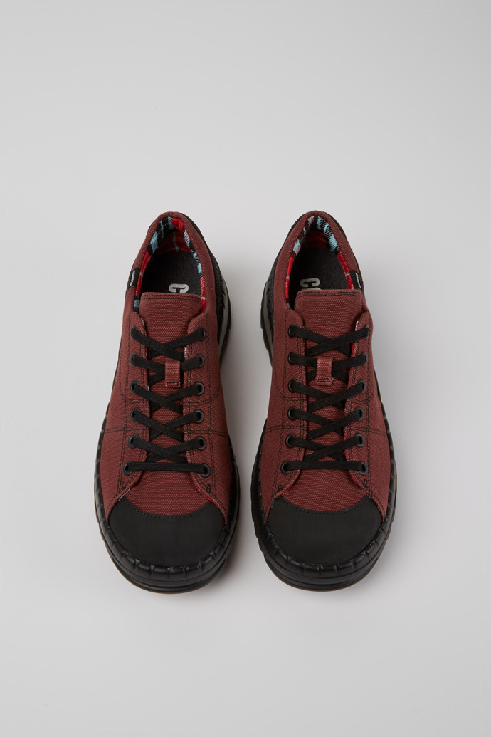 Overhead view of Teix Burgundy rubber and BCI cotton shoes