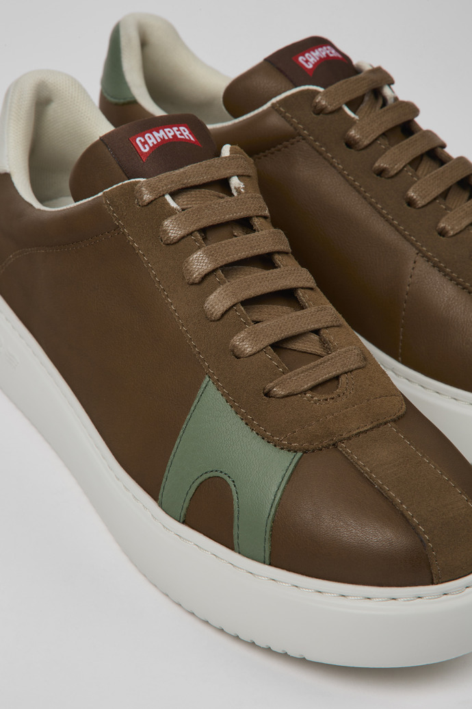 Close-up view of Twins Brown leather and nubuck sneakers for men