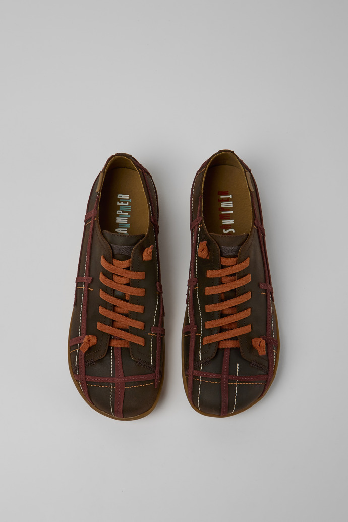Overhead view of Twins Brown and red leather shoes