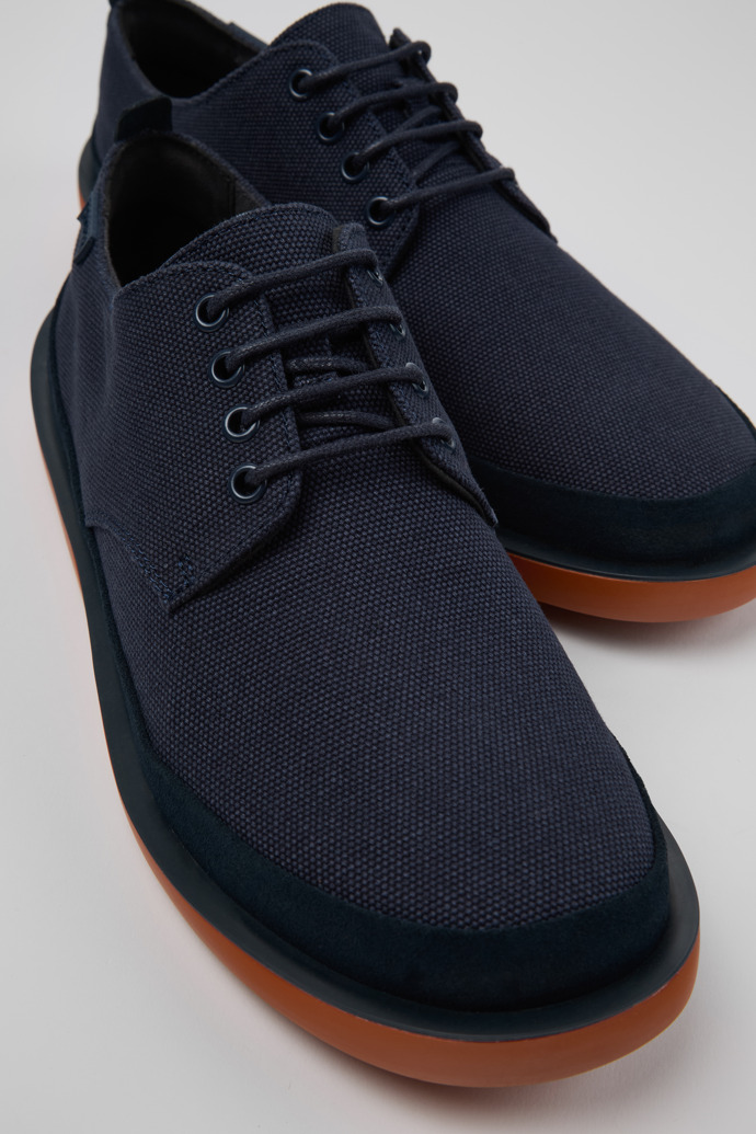 Close-up view of Wagon Blue Recycled Cotton and Nubuck Shoes for Men.