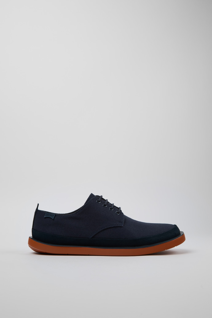 Side view of Wagon Blue Recycled Cotton and Nubuck Shoes for Men.