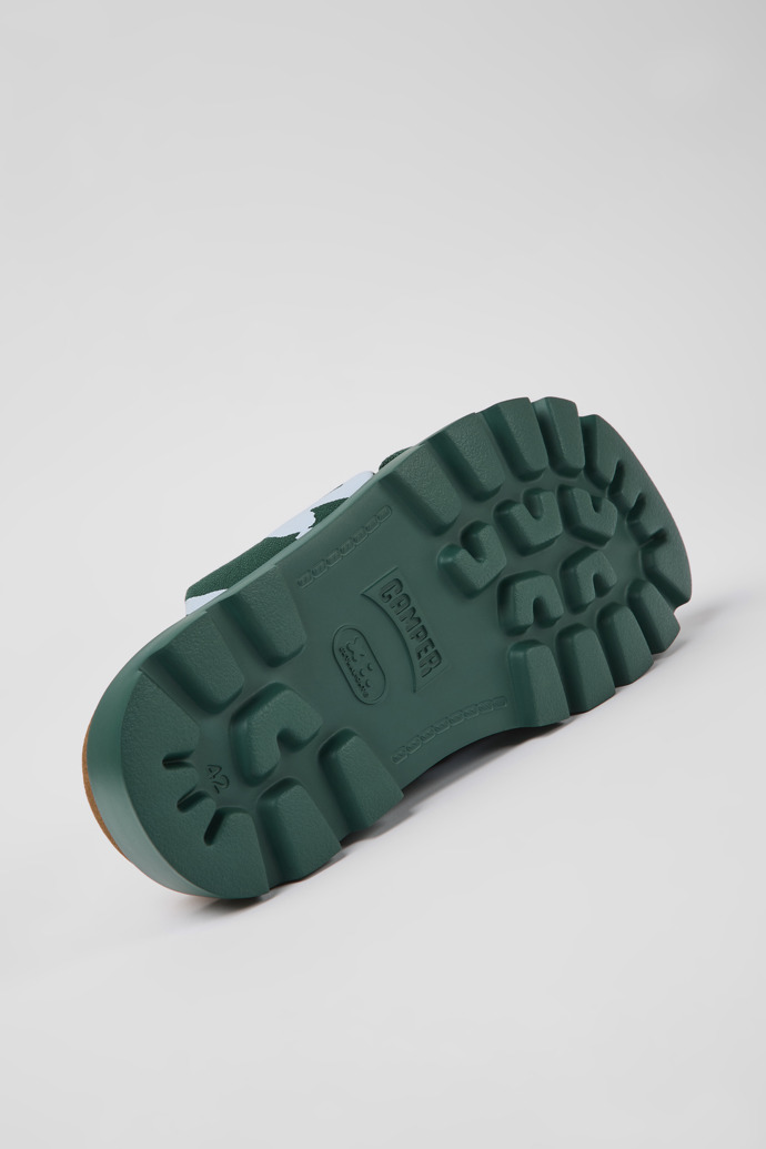 The soles of Brutus Sandal Green and blue recycled cotton sandals for men