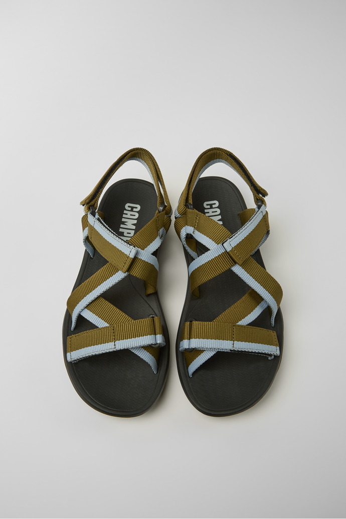 Overhead view of Match Green and blue recycled PET sandals for men