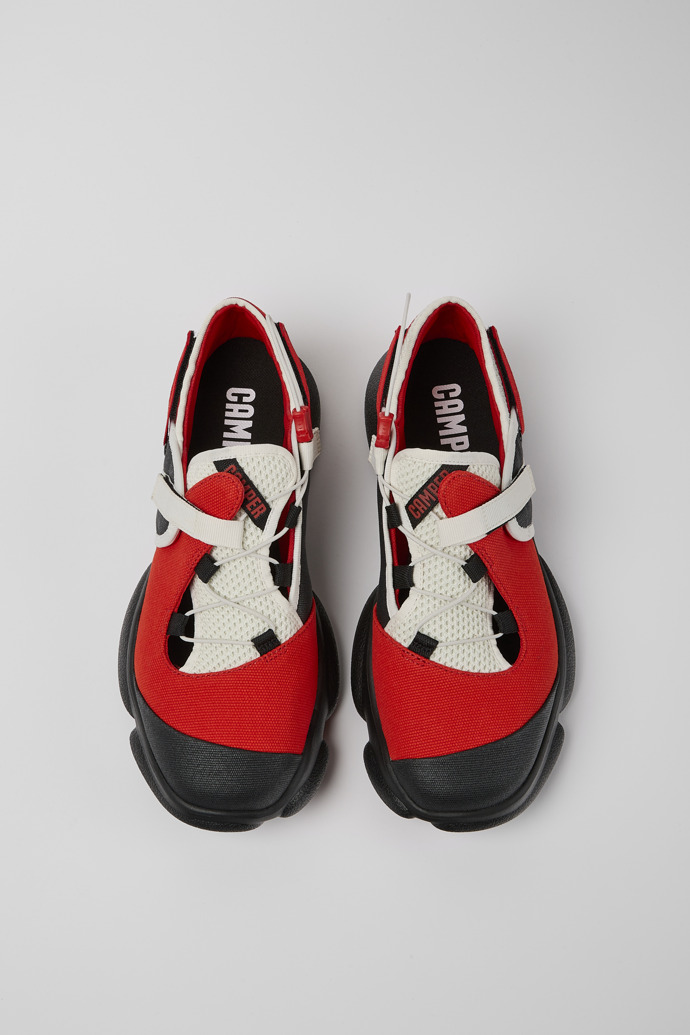 Overhead view of Karst White, black, and red textile shoes for men