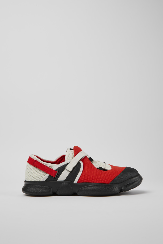 Side view of Karst White, black, and red textile shoes for men