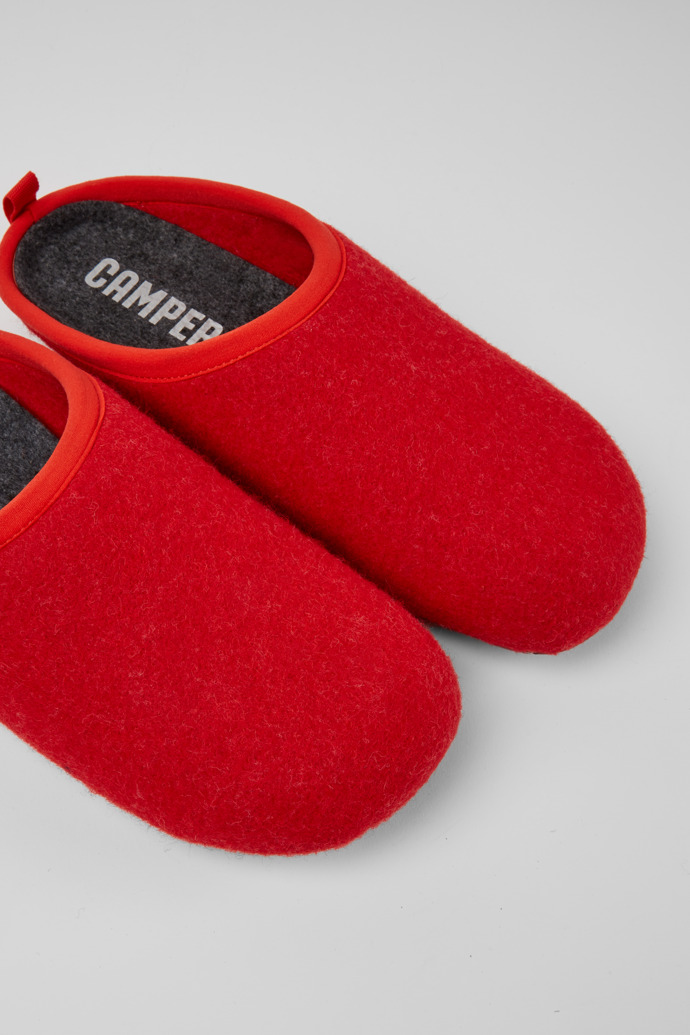 Close-up view of Wabi Red wool men’s slippers