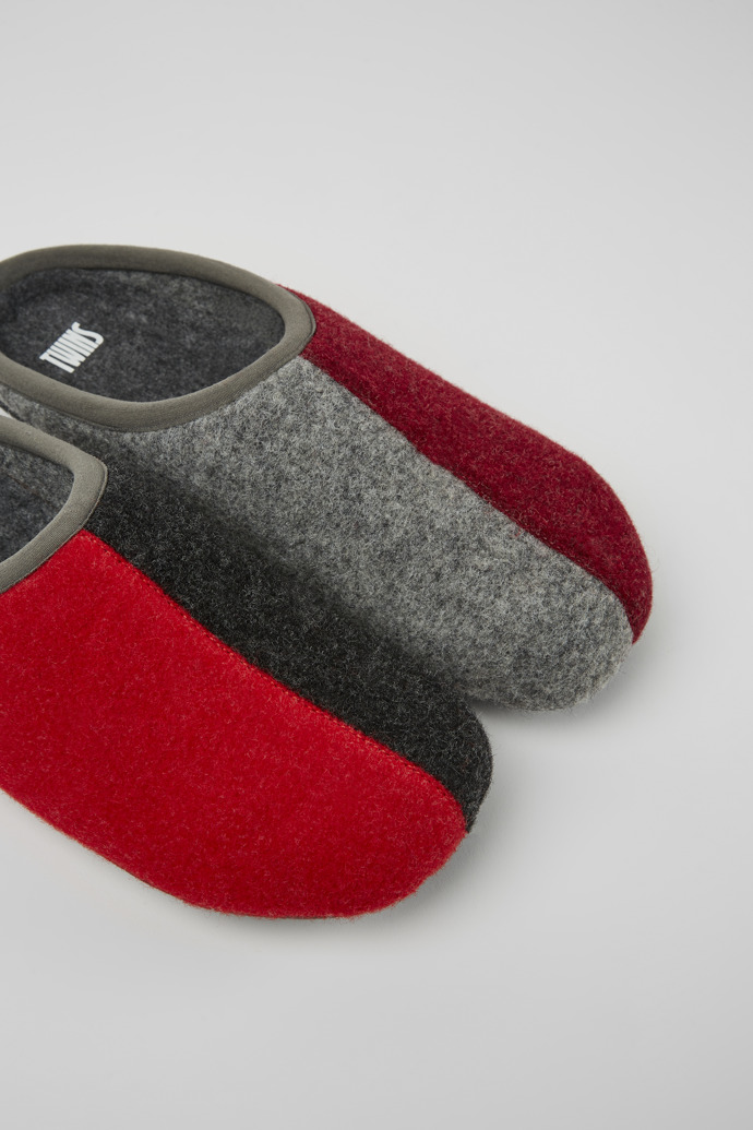 Close-up view of Twins Burgundy, red, and gray wool slippers for men