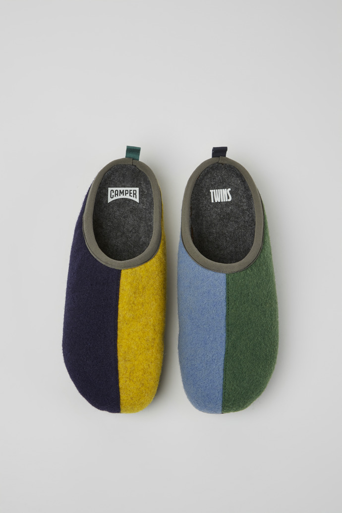 Overhead view of Twins Green, blue, and gray wool slippers for men